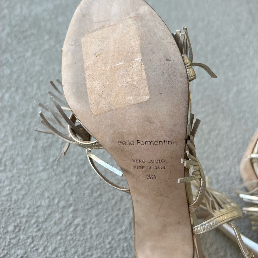 Perla Formentini Allegra Gold Platino Fringe Leather Heels Size 39 - Picture 10 of 11